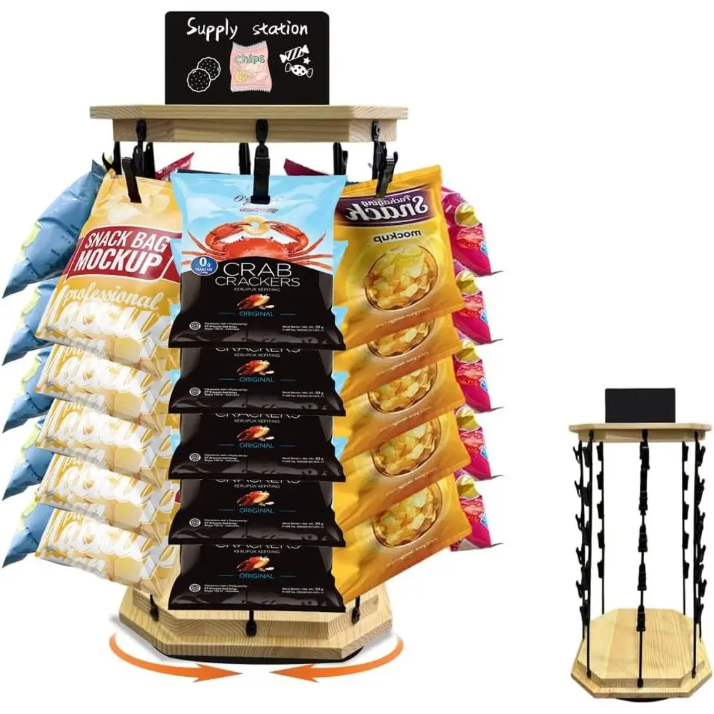 

Chip Rack Display Stand, 5 Tiers 40 Clips Snack Organizer with Sturdy Wood Base, 360° Rotating Chip Holder Candy Display for Par