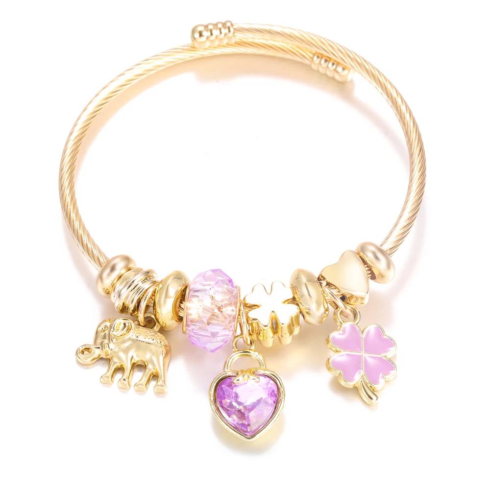 New Trendy 4 Colors Heart Shape Painted Pendant Closure Beaded Bracelet Golden Stainless Steel Women Bracelet 2025 Charm Jewelry