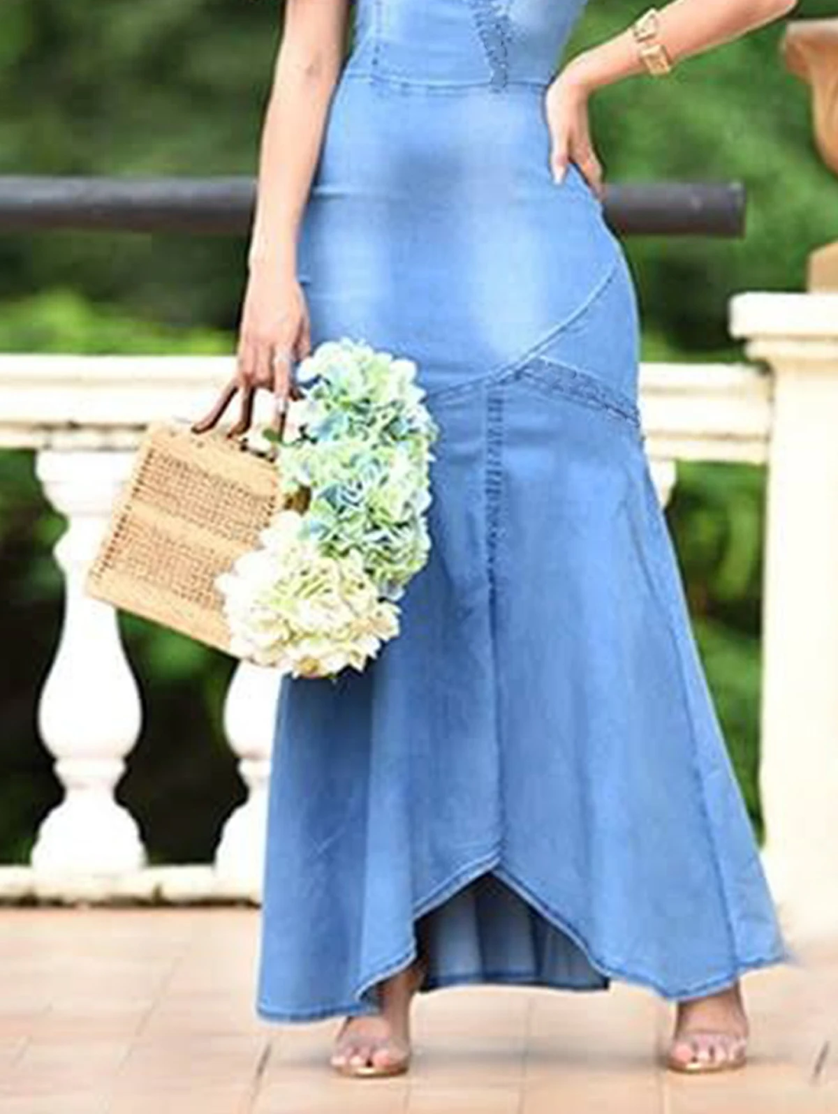 Casual Plain V Neck Light Washed Short Sleeve Denim Maxi Bodycon Dress Vintage Mermaid Dress Casual Summer Long Dresses 2024