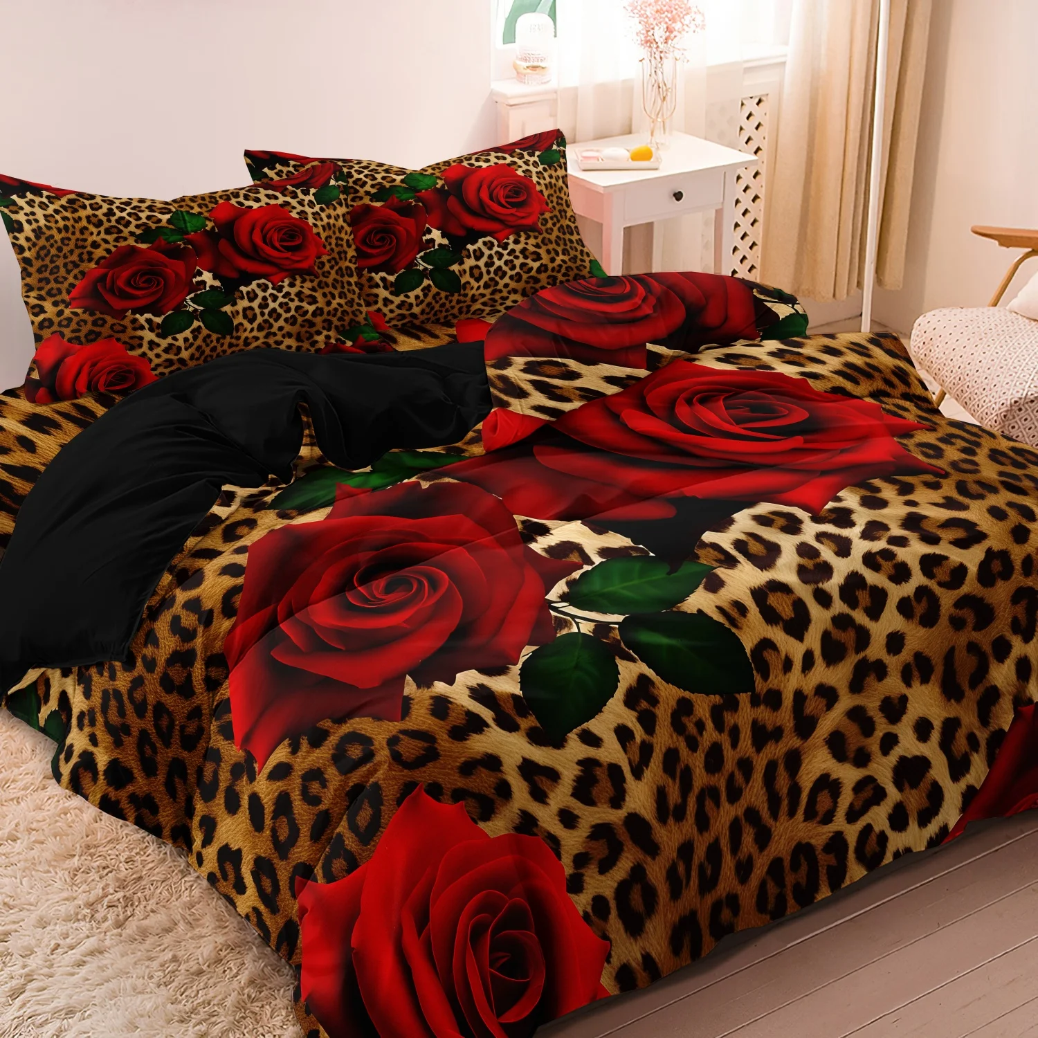 Juego de 3 Piezas de Ropa de Cama con Estampado de Leopardo y Rosas Románticas para el Día de San Valentín, Juego de Funda Nórdica con Estampado de Leopardo, Regalo Festivo