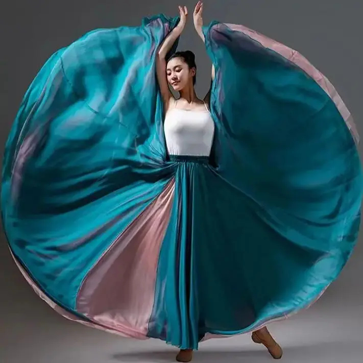 Women Classical Modern Dance Training Skirt Elegant Ethnic Double Chiffon Performance Swing Skirt Wrap Ethereal 720 Degree Skirt