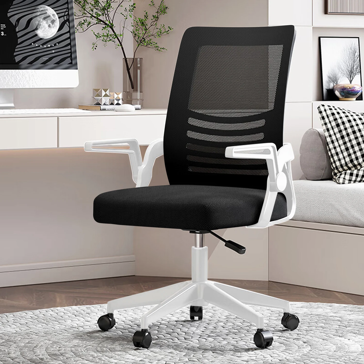 オフィスチェア デスクチェア パソコンチェア 椅子 肘つき 通気性 メッシュ腰サポートバー 人間工学 無段階昇降 360度回転 コンパクトクッション性