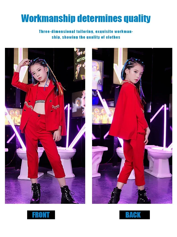 ZZL Children's Jazz Dress K-pop Red Suit Girls' Dress Urban Dance Girl Fashion Model Catwalk Cool Clothes for Children 3 Pcs