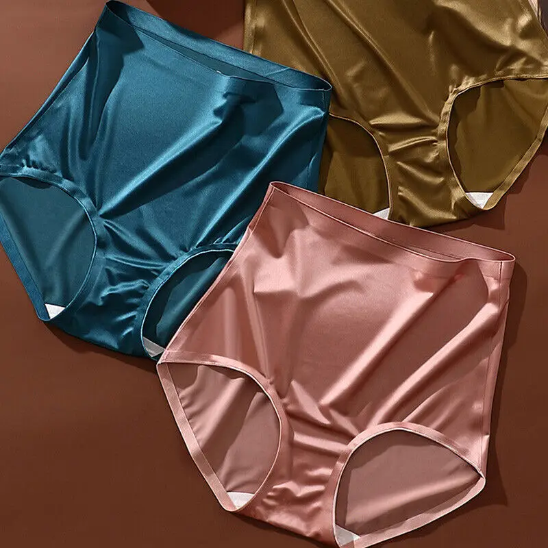 Luxury Satin Women Shiny Panties Sexy Seamless Briefs Underwear High Waist Tummy Control Soft Mulberry Silk Crotch Underpants