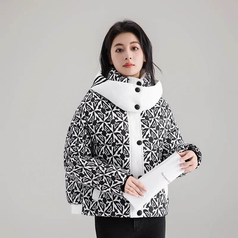 Piumino stampato alla moda invernale New American Vintage Y2k Colore a contrasto con cappuccio Top ispessito Piumino con cappuccio da donna