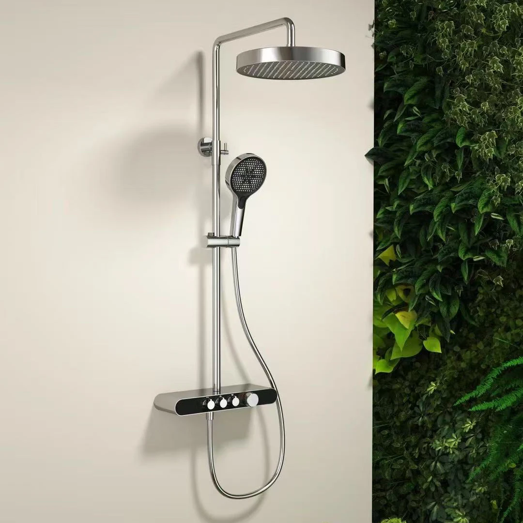 

Современный дизайн, хромированный душевой набор высокого давления, настенная трехфункциональная душевая система с полкой для хранения