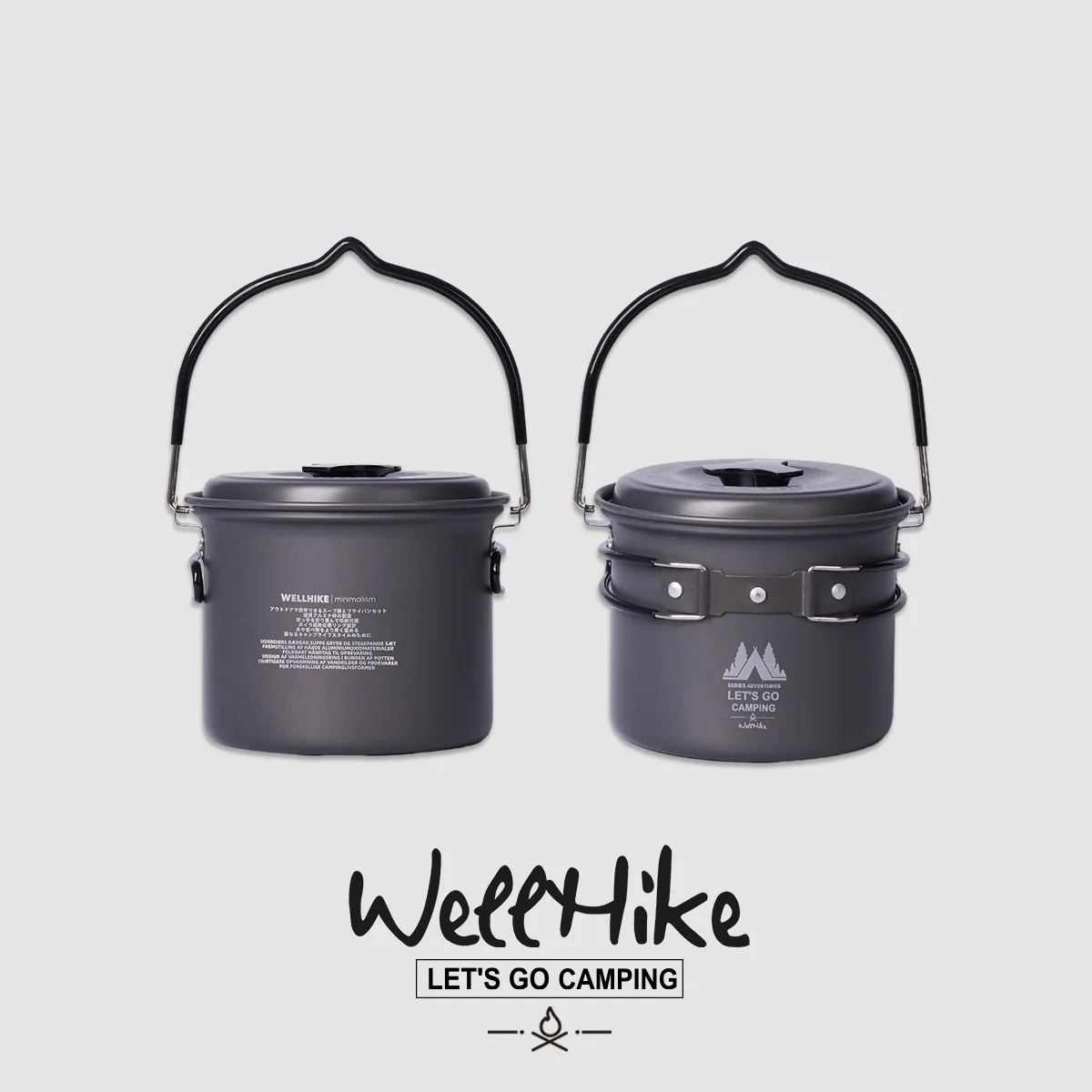 WellHike Tactical Aluminum Camping Cook Pot 1.4L Hard Anodized 240g Lightweight Hiking Kettle Foldable Handle Outdoor Cooking