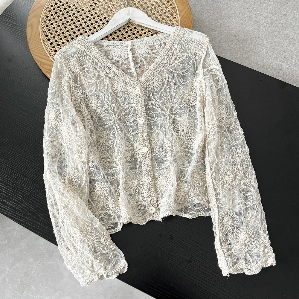 Sheer Embroidery Lace Blouse Crochet Knit Cover Up Top Long Sleeve Button Front Cardigan Women Summer Boho Vacation Outfit