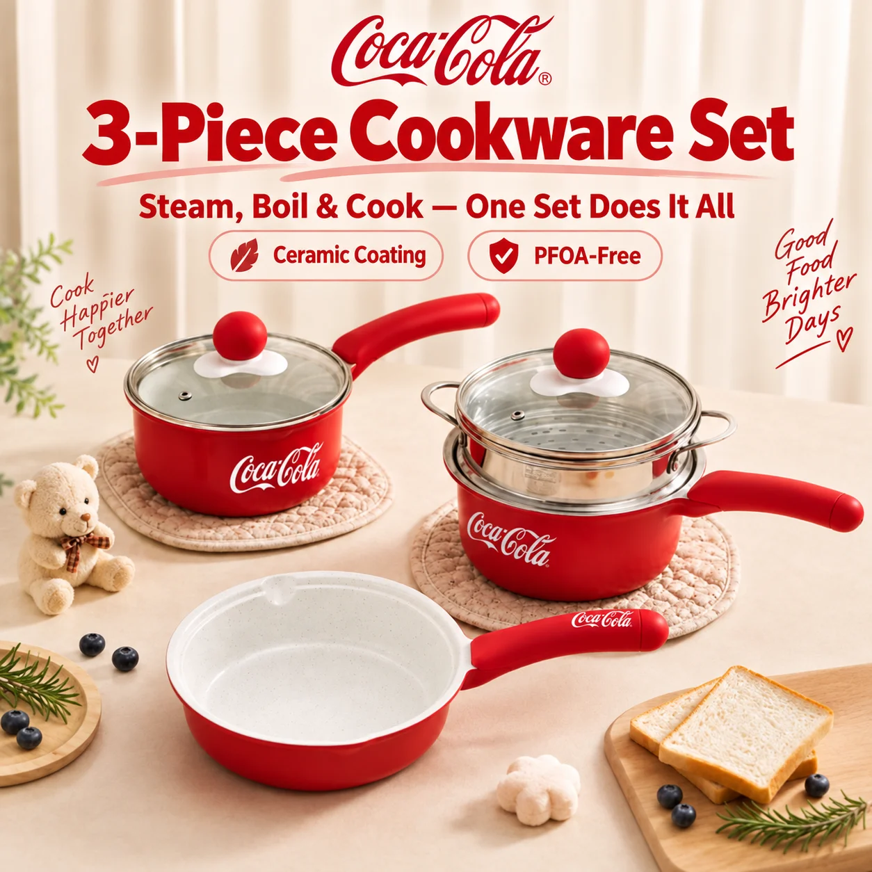 Coca Cola 18cm Nonstick Cookware Set 3PCS Saucepan Frying Pan Steamer Small Kitchen Pot Set for Induction Gas Ceramic Cooktop