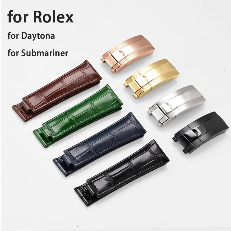 Genuine Leather Strap for Rolex Water Ghost for Daytona Submariner GMT Men Waterproof Folding Buckle Watch Bracelet Band 20mm