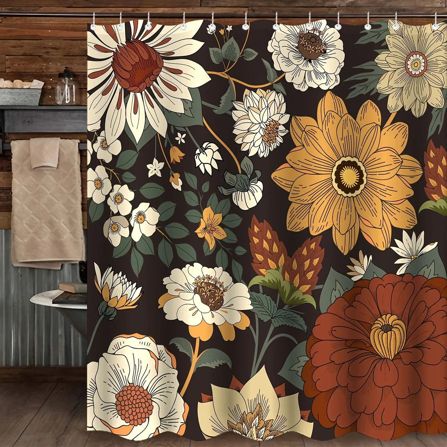 

Black Realistic Floral Shower Curtain - Vintage Bohemian Design, Colorful Tropical Leaves, Medieval Modern Style, 12 Hooks,