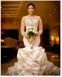 Customized Charming Pearls Scoop Neck Long Sleeves Wedding Dresses Sweep Train Plus Size Lace Bridal Gowns With Ruffles