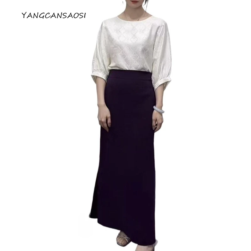 

Women's Fashion Clothing Purple 100% Natural Mulberry Silk Gambiered Guangdong Gauze Retro Elastic Waist Straight Tube Skirt