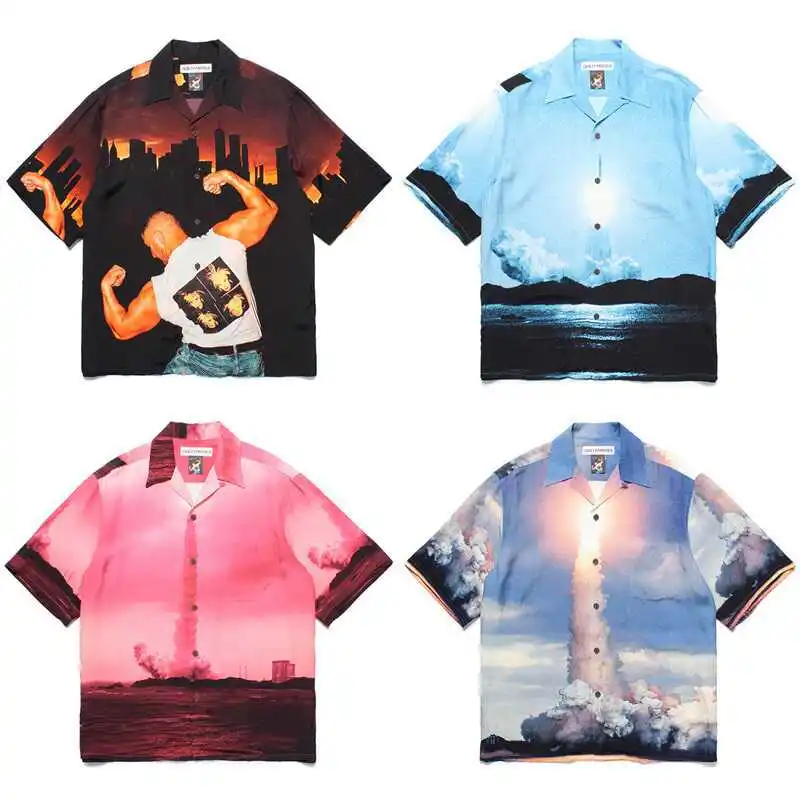 Wacko Maria photography works printed on a casual shirt with loose fit a short sleeve Hawaiian vacation style T-shirt