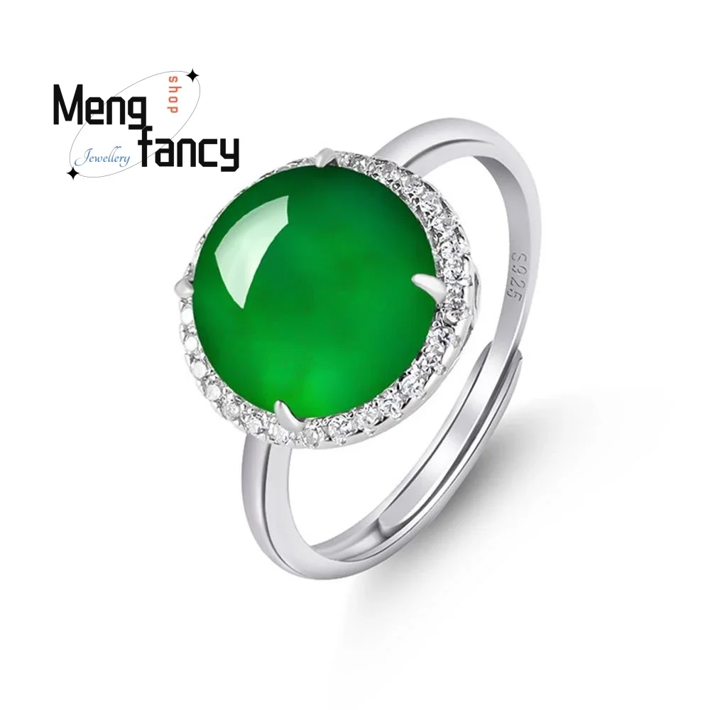 

S925 Silver Inlaid Natural A-goods Jadeite Yang Green Large Egg Surface Ice Jade Ring Couple Luxury Fashion Jewelry Holiday Gift