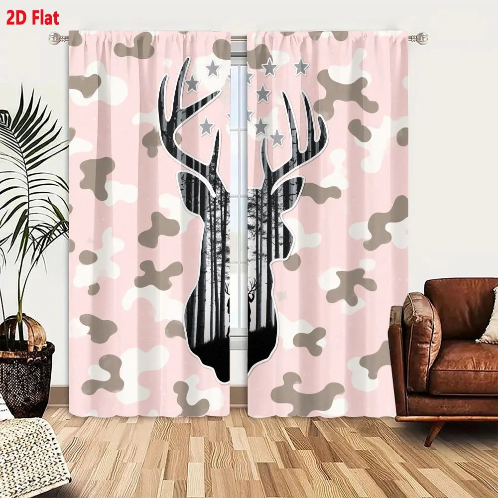 2Pcs Curtains 2D Flat Deer Head Silhouette With Forest Scene And Hunter On Pink Camouflage Background Window Drapes for Bedroom