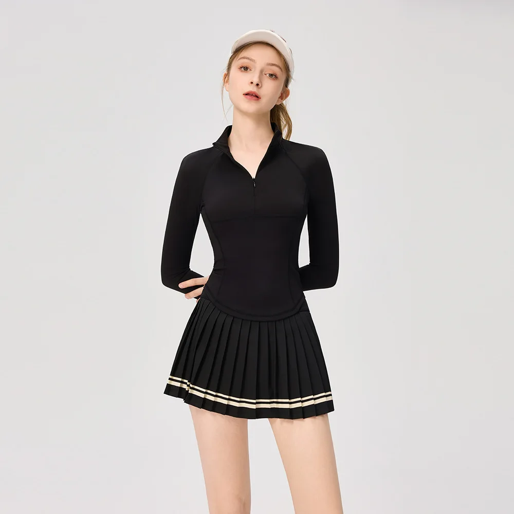 Women's Running Suits 2 PCS Long Sleeve Zipper Neck Top Striped Hem Pleated Skort Quick Dry Elastic Tennis Sportswear Gym Yoga