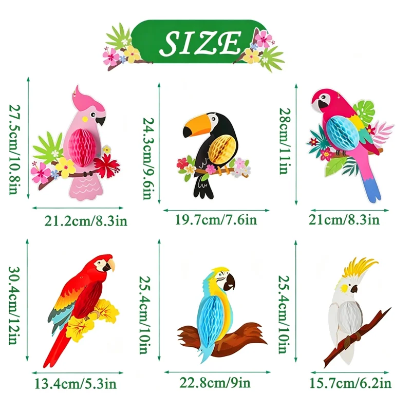 6Pcs Parrot Honeycomb Ball Hanging Decor, Ideal for Tropical Party, Luau Festival, Home Decoration and Ceiling Scene Layout view 2