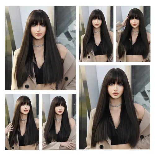 Imagen 2 del producto Pelucas de pelo sintético negro Natural con flequillo, peluca de mujer larga y recta de color marrón oscuro, pelucas sintéticas sin encaje resistentes al calor de 24 pulgadas