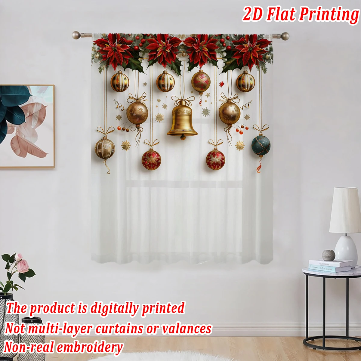 Christmas Flat Printing Sheer Curtain with Christmas for Living Room Bedroom Decor Holiday Party