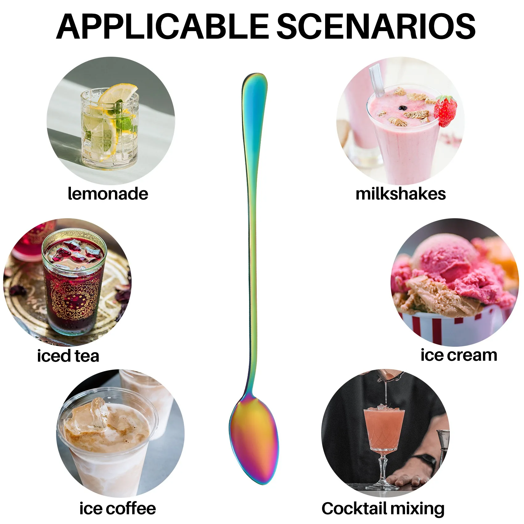 AEE8-Coffee Teaspoons, Set Of 6 Rainbow Color Coffee Spoon Long-Handle Ice Cream Desert Spoon Cocktail Stir Spoons Mixing Spoon,