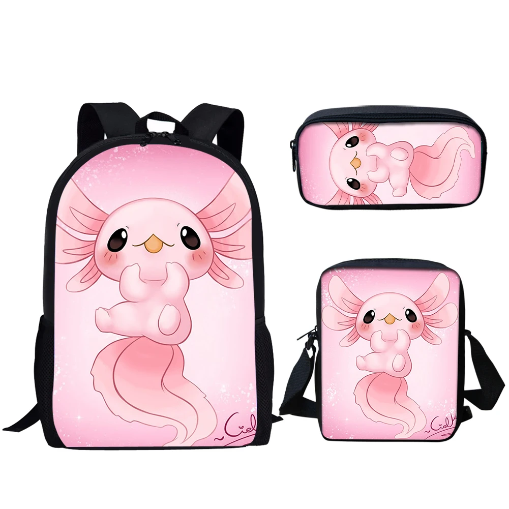 Belidome Cartoon Axolotl School Backpacks for Teen Girls Boys School Bags Set 3PCS Kid Book Bags Children School Mochila Escolar