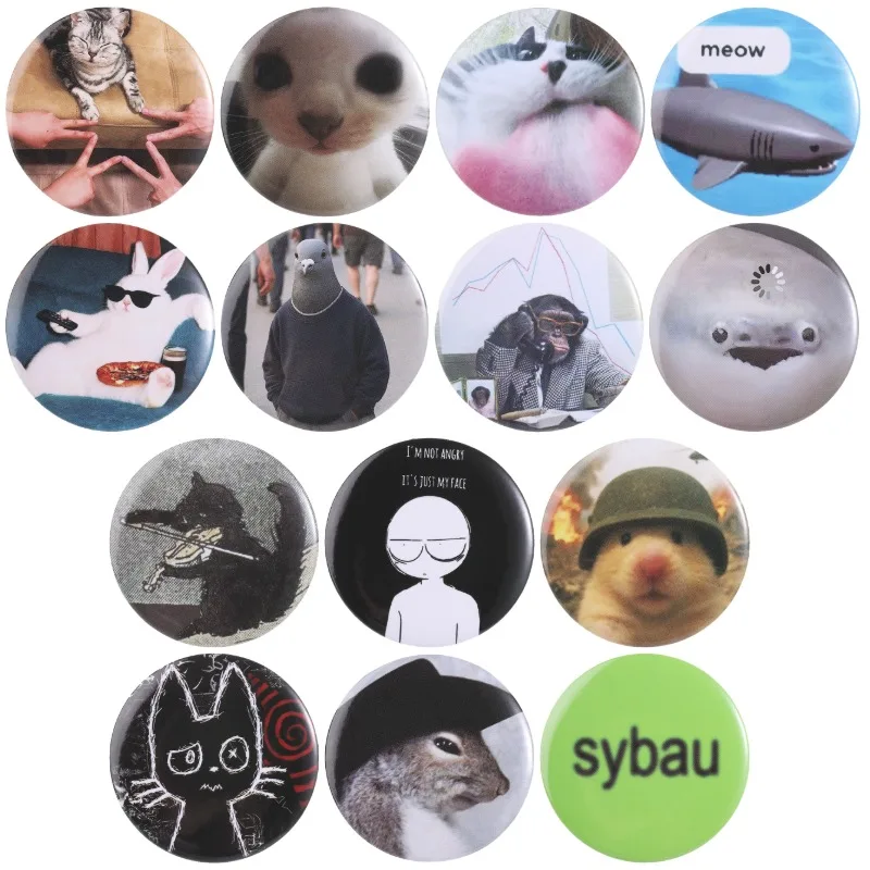 14Styles Cats Meme Tinplate Pins Shark Pigeon Hamster Rat Brooches Sybau Lapel Badge Jewelry Funny Animals Accessories