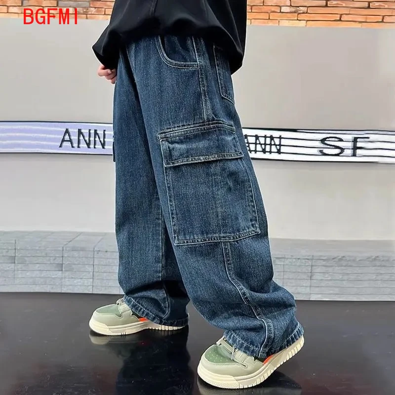 Teens Boys Blue Jeans Autumn American Trousers 2026 New Trendy Brand Children's Straight-leg Pants Loose Casual Jeans 3-12Y