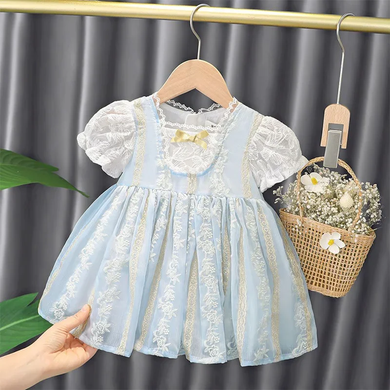 

Girls Party Dresses Summer Clothes Children Lace Splicing Bow Hook Flower Palace Style Short Sleeve Kids Princess A-line Dress