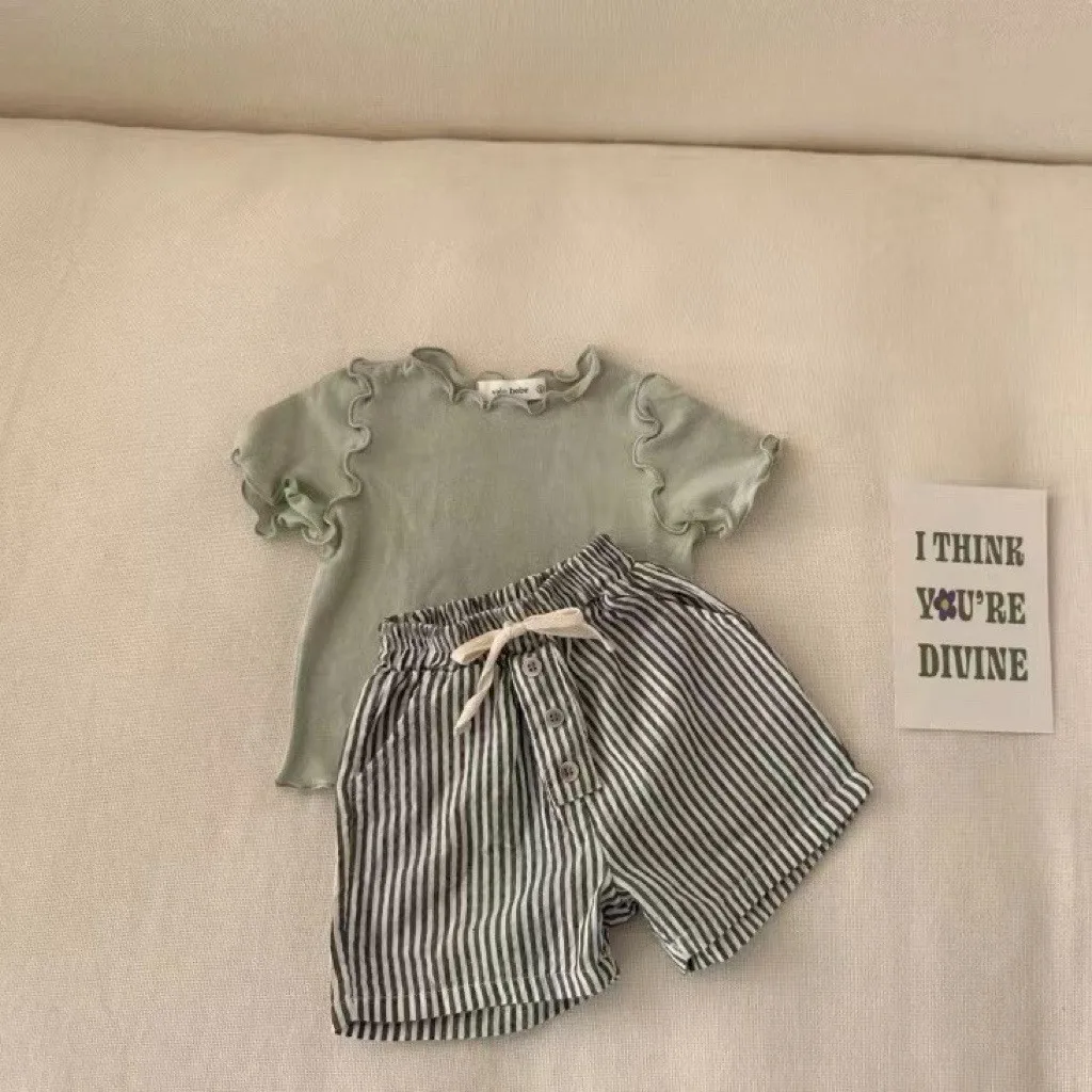 T2463 Girls Summer Wooden Edge Trim Versatile Base Shirt Solid Color Top for Babies