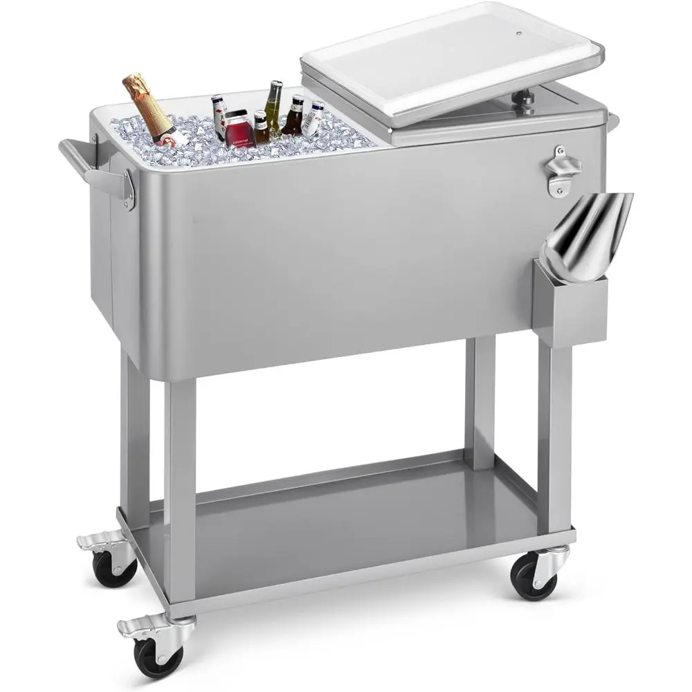 

80 Quart Portable Rolling Cooler Cart for Outdoor Parties with Beverage Stand and Ice Scoop