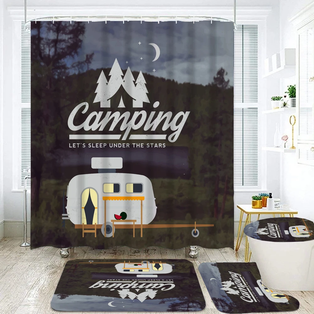 Waterproof Shower Curtain Sets 3D Printing Nordic Cartoon Camper Bath Rug and Mats with Hooks Toilet Seat Cover Bathroom Decor