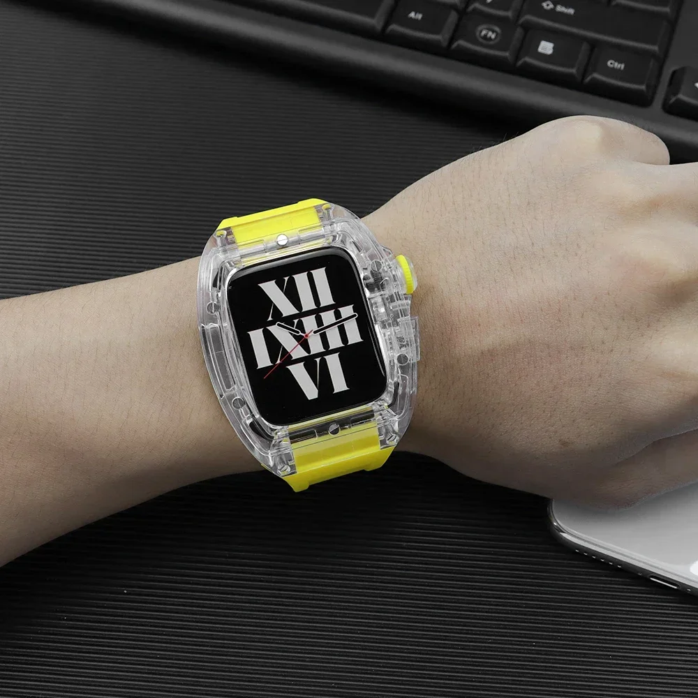 مجموعة تعديل حافظة شفافة لساعة أبل الترا 49 مللي متر غطاء جليدي لساعة iWatch 9 8 7 45 مللي متر 6 5 4 SE 44 مللي متر حزام سيليكون