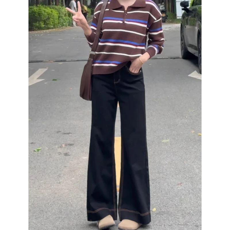 

Women's High Waist Black Flare Jeans Korean Style Casual Slim Fit Commuter Long Trousers for Tall Girls Loose 2026 New