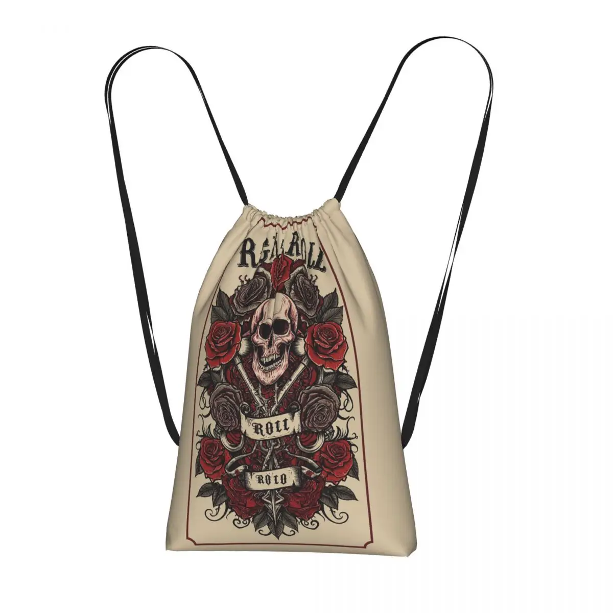 Crazy Rock Skull Rose Drawstring Backpack Sports Gym Bag Portable Travel Drawstring Bag for Men Women
