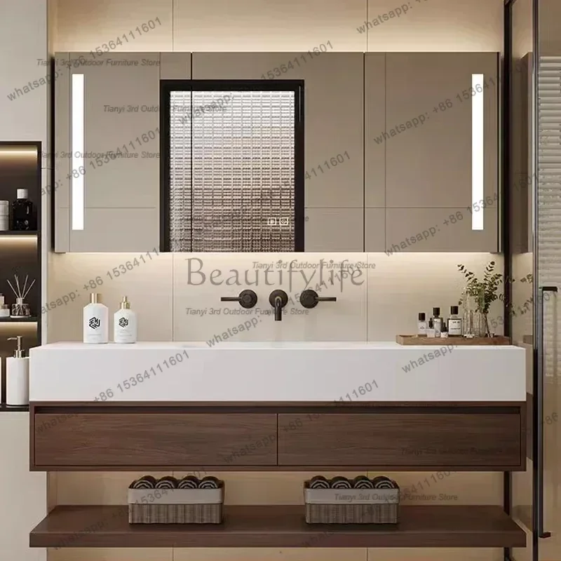 

Vintage Log Smart Mirror Cabinet Vanity with Sink Large Capacity Storage Bathroom Cabinet Simple Furniture