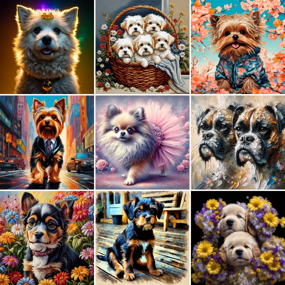 Animal Pet Dog Flowers Printed Canvas Cross Stitch Kit DIY Embroidery Hobby Sewing Needlework Knitting For Adults Sales Package