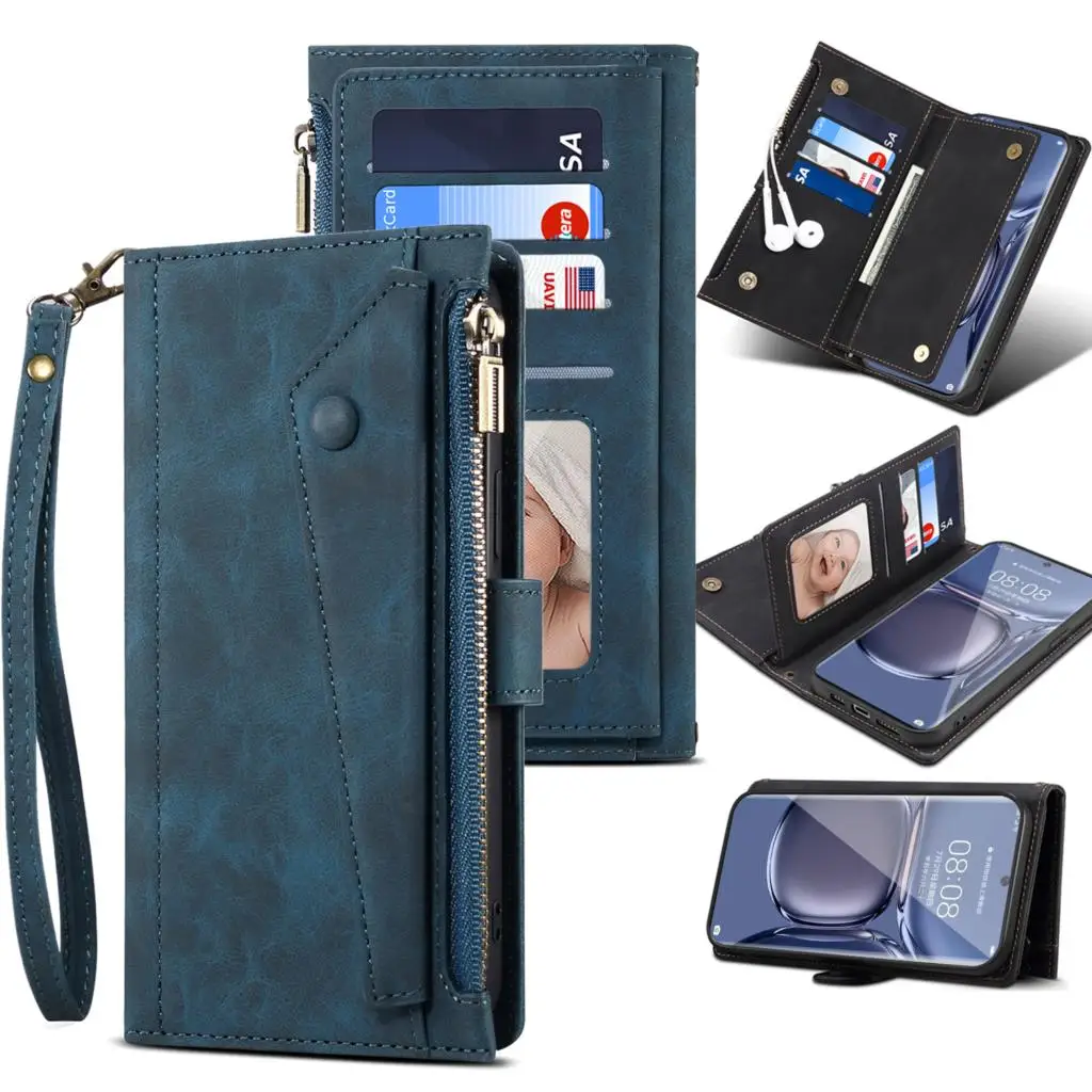 New 9 Cards Zipper Flip Leather Case For Huawei P50 Pro Wallet Mobile Phone Cover for P50Pro With Rope For Free