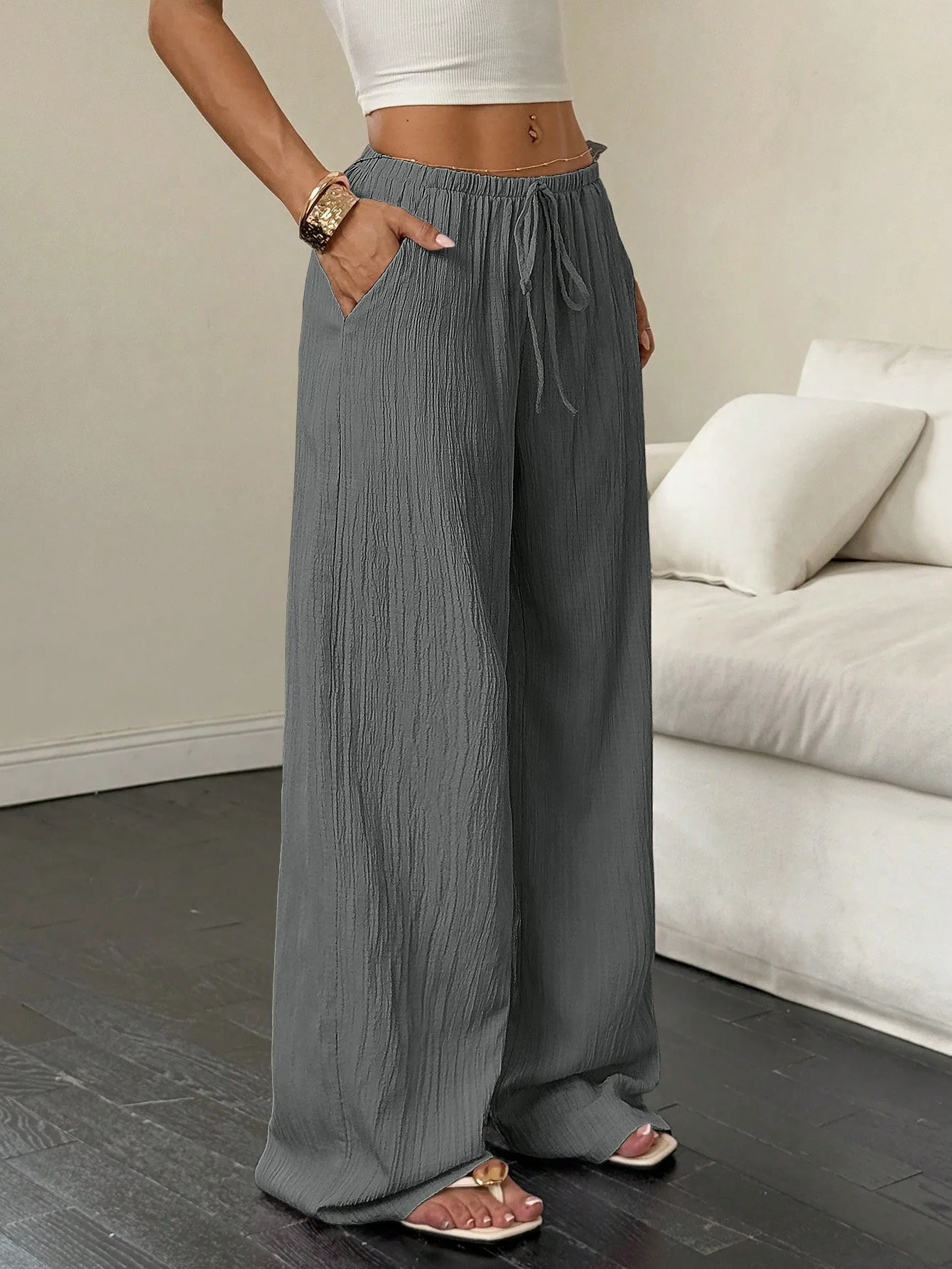Damen Weite Hose aus Baumwoll-Leinen-Mischung, Casual, Bodenlang, Relaxed-Fit mit Kordelzug für Zuhause & Spaziergänge – Detail 7