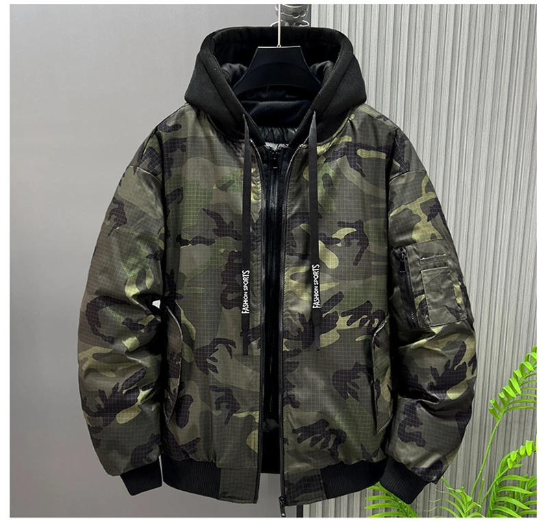 Autumn Winter Men's Retro False Two-Piece Camouflage Jacket - Plus Size Thickened Warm Casual Cotton Coat