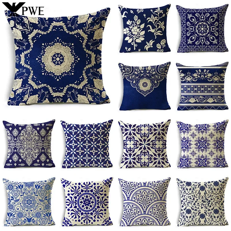 Traditional Style Blue and White Porcelain Pattern Printing Personality Pillowcase Cushion Cover Sofa Decor 40cm/45cm/50cm