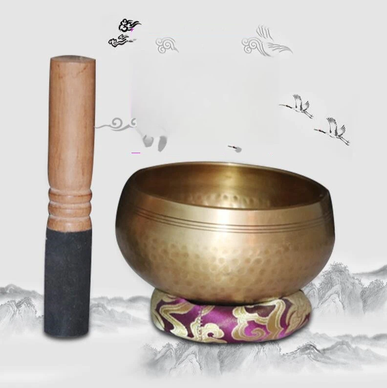 Tibetan Singing Bowl with Cushion and Wooden Stick Yoga Meditation Sound Healing Copper Bowl