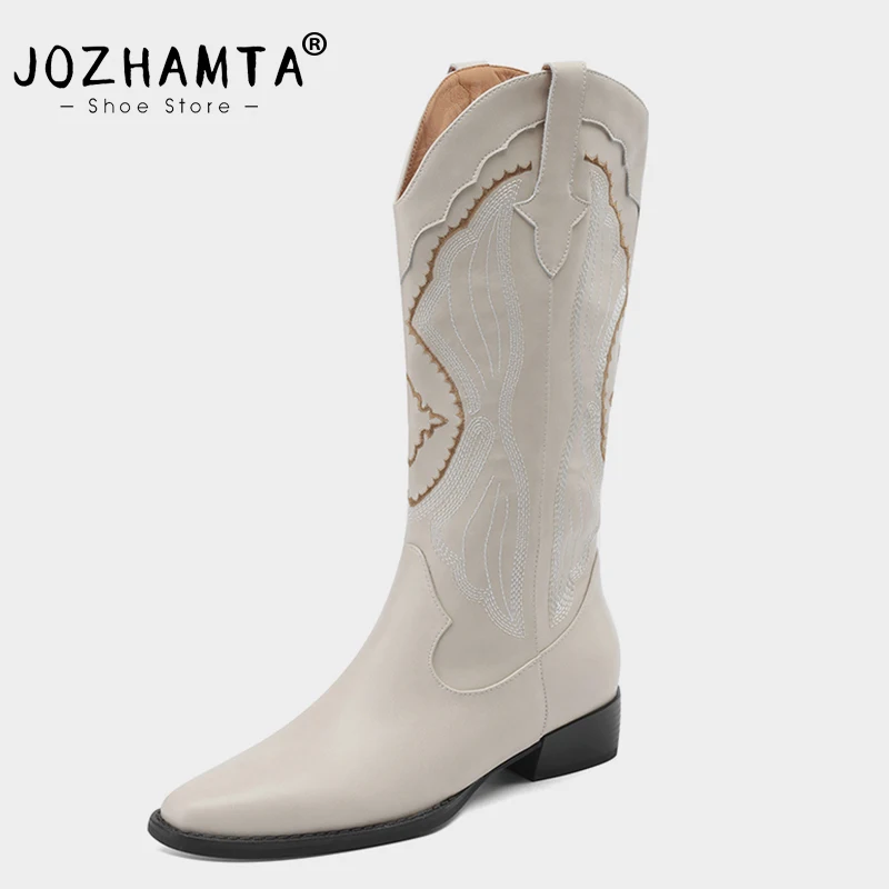 JOZHAMTA Size 34-40 Western Cowboy Boots For Women Genuine Leather Pointed Toe Chunky Heels Shoes Woman Winter Mid Calf Boots