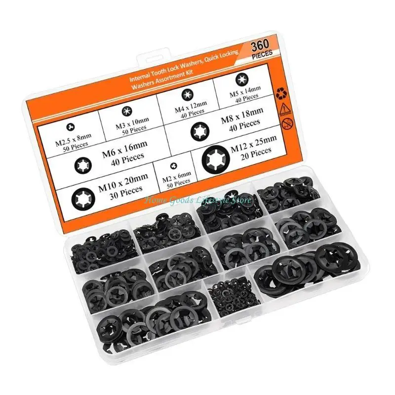 E74E 360Pcs Internal Tooth Star Lock Washers 9 Sizes Quick Speed Locking Washers Push On Locking Washers Easy to Install
