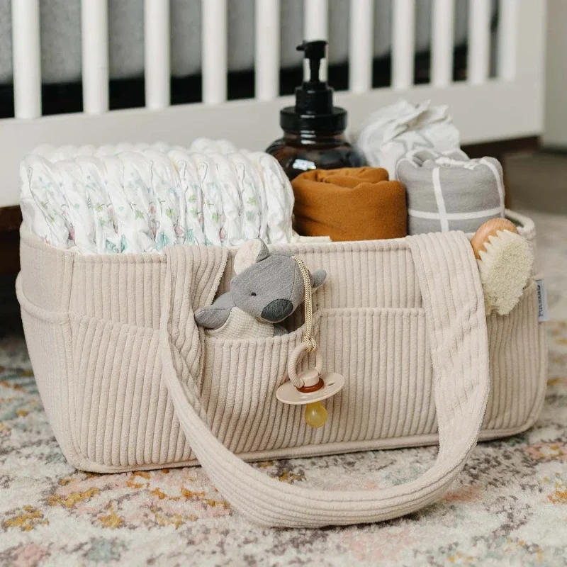 New Baby Diaper Caddy Organizer Corduroy Diaper Storage Basket with Handle Foldable Multi-pocket Newborn Nappy Storage Organizer