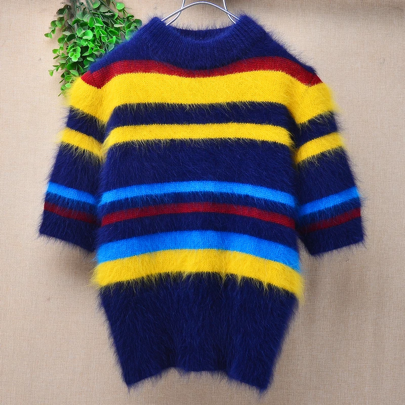 Ladies Women Autumn Winter Clothing Colored Hairy Angora Rabbit Hair Knitted O-Neck Long Sleeves Loose Pullover Sweater Jumper
