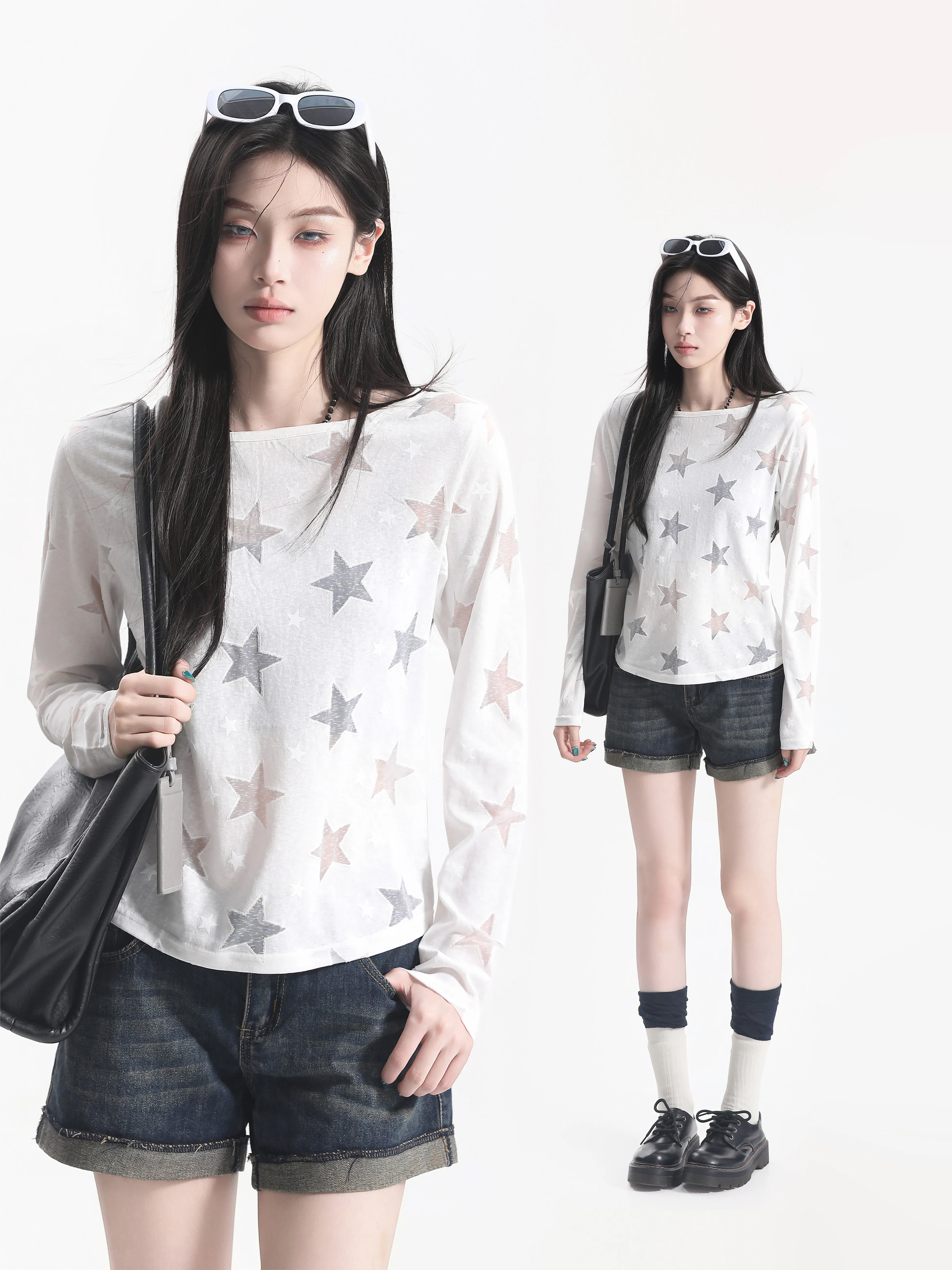Slimming Effect Hollow out Long Sleeve Micro Transparent Pure Desire Style T Shirt Korean Design Star Print Casual Fashion