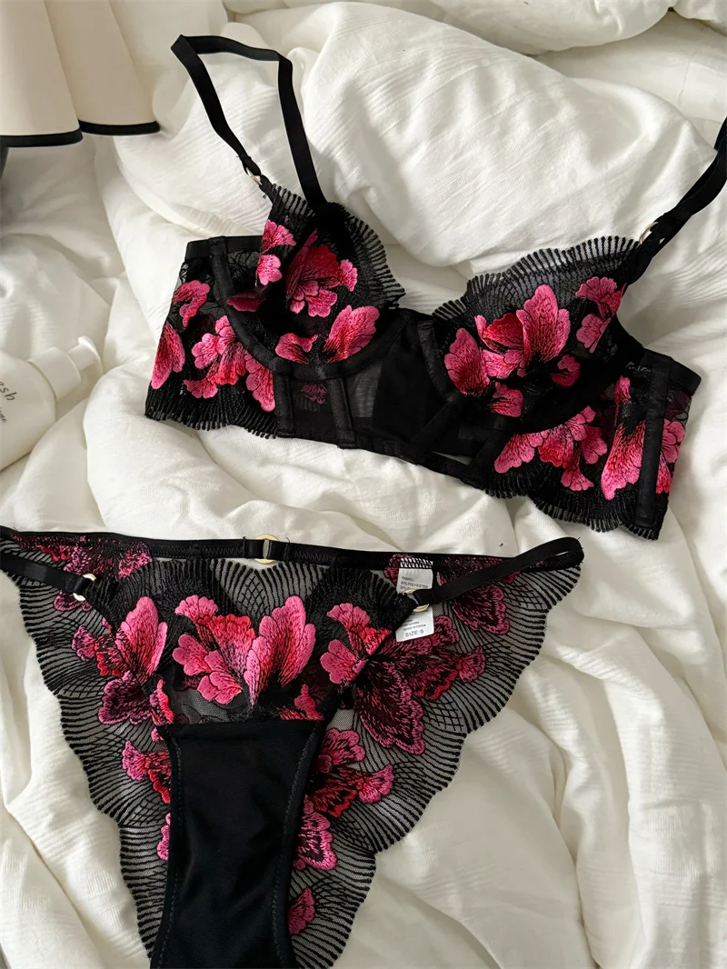 Floral thin breathable lingerie small breast temperament show small steel ring underwear set up support underwear female bra