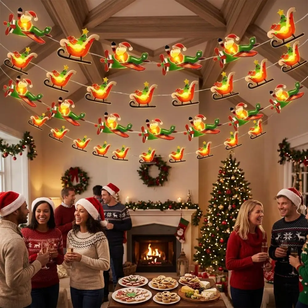 Warm Light Christmas LED String Lights Cartoon Battery Powered Santa Airplane String Lights DIY Garland Waterproof