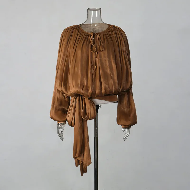 HKSH Women Chic Shirt O-neck Long Sleeves Pleated Lace-up Waist Cinching Elegant High-end Ins Top New Spring Summer 2026 HK19629